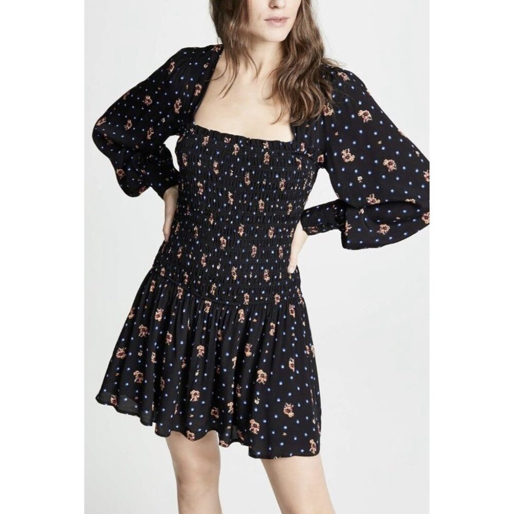 Free People Mini Dress Medium Black Blue Long Sleeves - Picture 2 of 13